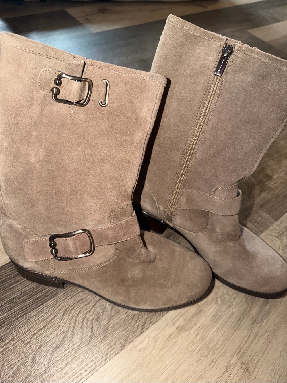 Vince Camuto Taupe Suede Mid-Calf Buckle Boots